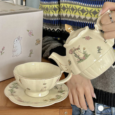 花间小兔法式陶瓷茶壶可爱高级感咖啡杯碟套装下午茶餐具礼盒装