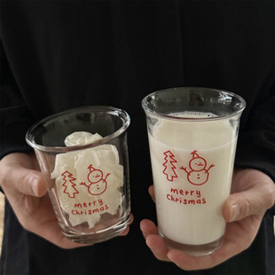 冬日氛围感圣诞节简约雪人高颜值水杯牛奶杯玻璃杯咖啡杯早餐杯