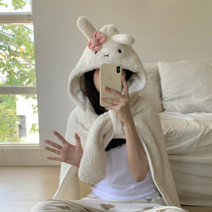 蝴蝶结兔子女生披肩女加绒双面保暖披风可爱加厚办公室空调毯子