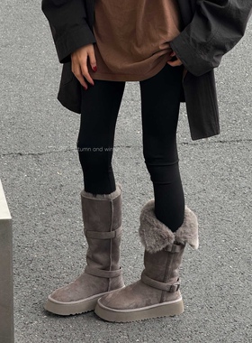 欧洲站新款加绒长筒雪地靴真皮复古休闲雪地靴厚底鞋街头潮皮带扣