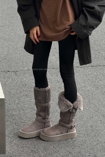 欧洲站新款 街头潮皮带扣 加绒长筒雪地靴真皮复古休闲雪地靴厚底鞋