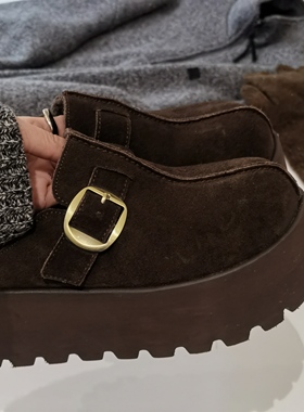 新款加绒小个子增高博肯拖鞋复古真皮包头拖女松糕厚底女鞋4236