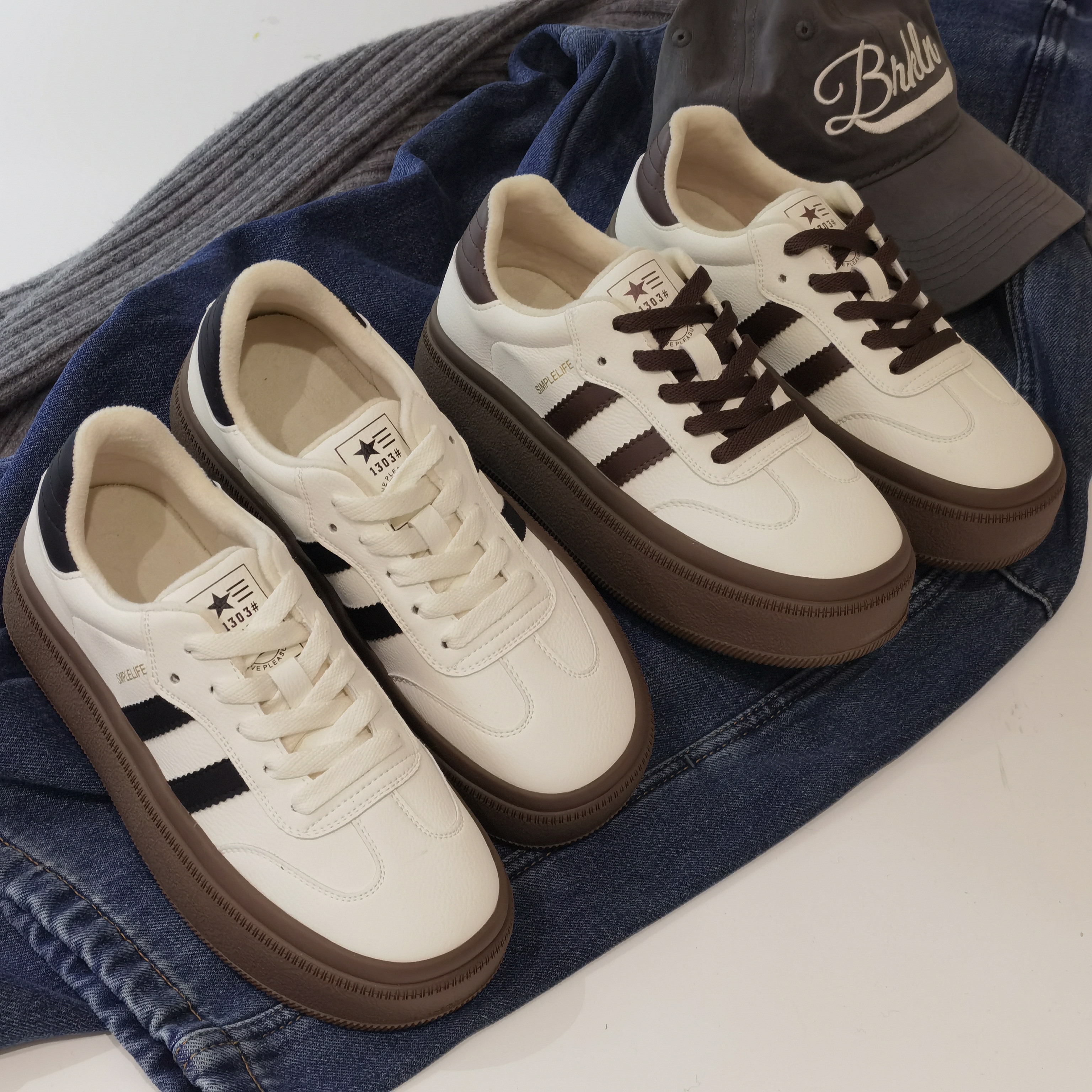 欧洲站新款加绒板鞋德训鞋真皮休闲鞋厚底鞋街头潮小白鞋4273B