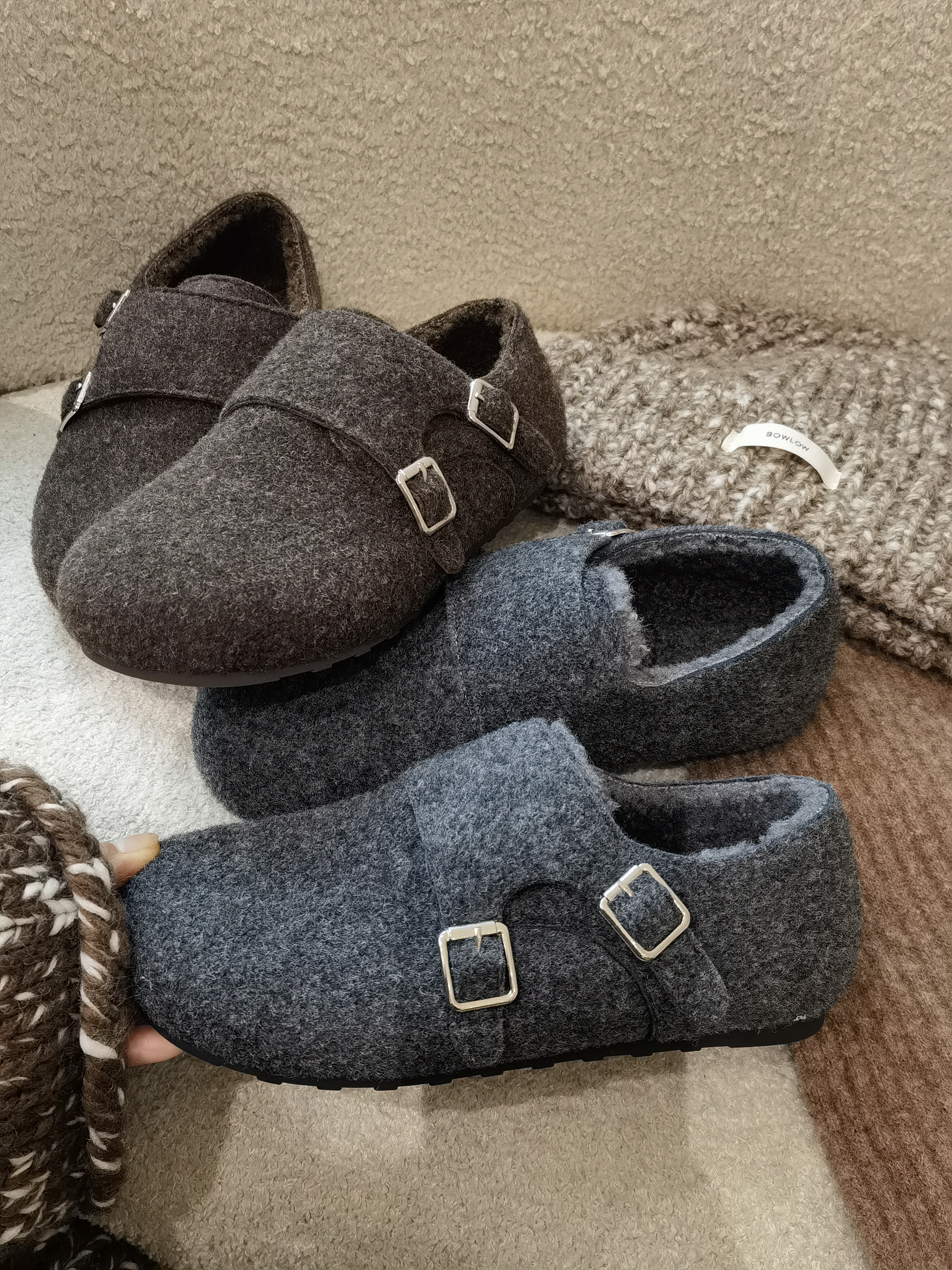 冬季保暖加绒单鞋新款防滑女博肯毛呢鞋复古浅口毛毛鞋女鞋