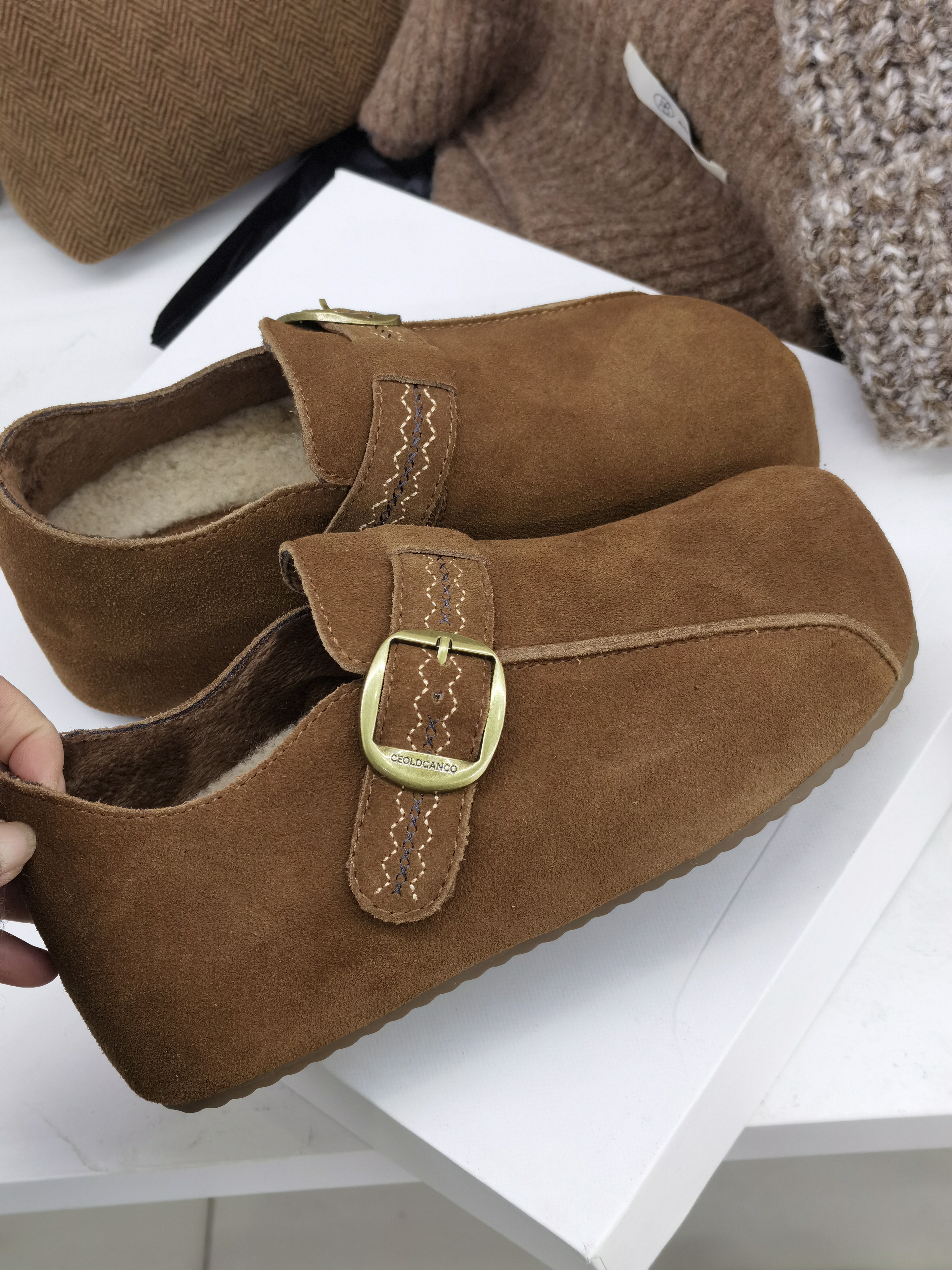 内增高厚底真皮羊绒勃肯鞋女款秋冬季新款时尚休闲一脚蹬土豆鞋