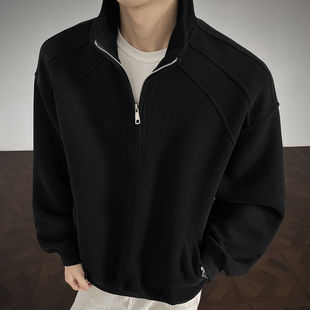 冬季重磅加绒黑色半拉链立领卫衣男款套头美式休闲百搭翻领上衣服
