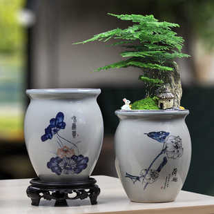 创意青花陶瓷花盆家用带托盘文竹发财树蝴蝶兰多肉专用盆栽盆景盆