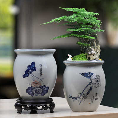 创意陶瓷青花花盆带托盘