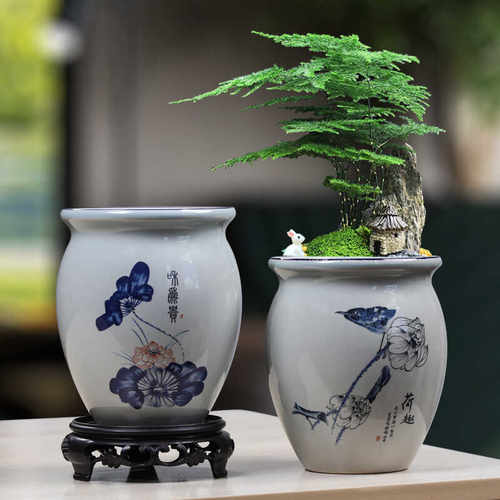 创意陶瓷青花花盆带托盘