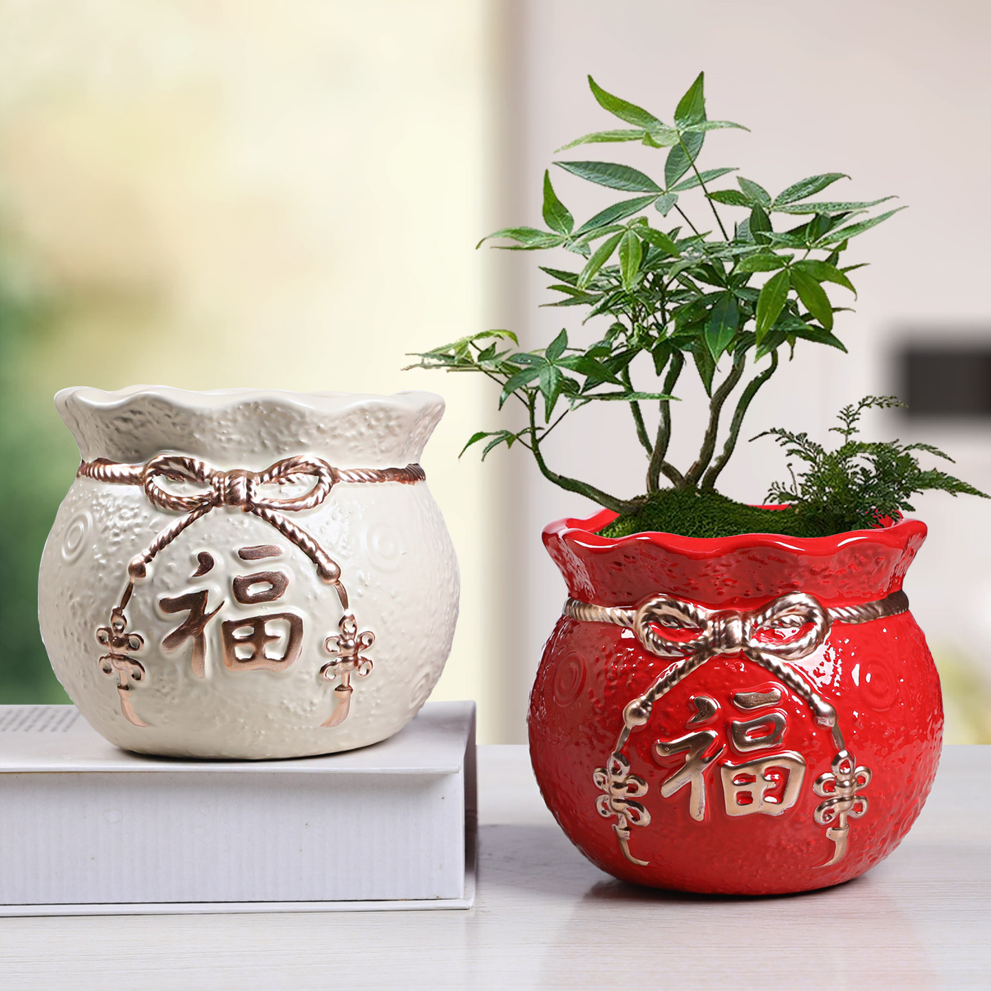 古典红色花盆陶瓷大号元宝福袋圆口形家用桌面多肉文竹发财树盆景
