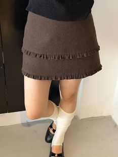 韩系2025冬新款 高腰显瘦百搭加厚毛呢双层木耳边A字短裙洋气 时尚