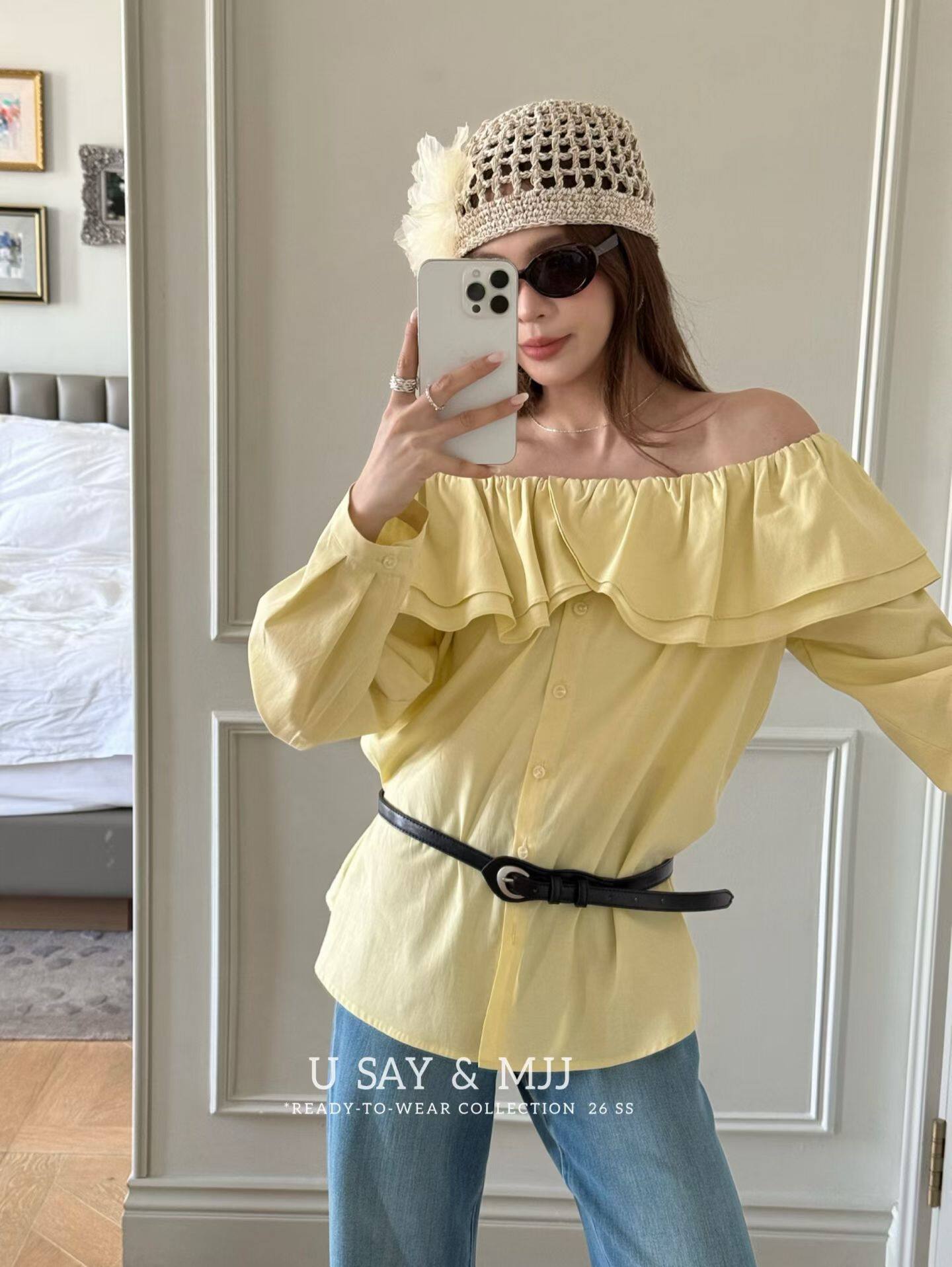 U SAYS2026春季新款法式荷叶边一字肩长袖衬衫女设计感小众上衣女