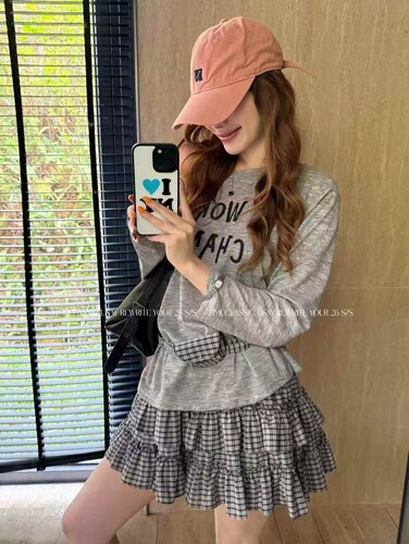 2026春季新款韩版时尚百搭显瘦高级感斜肩字母上衣+半身裙套装女