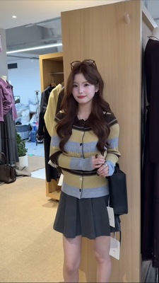 韩系2025秋季新款时尚百搭显瘦翻领撞色条纹针织衫高弹力毛衣女