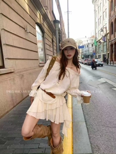 春季上新气质百搭显瘦一字肩长袖衬衫+辣妹短裙两件套配腰带发圈