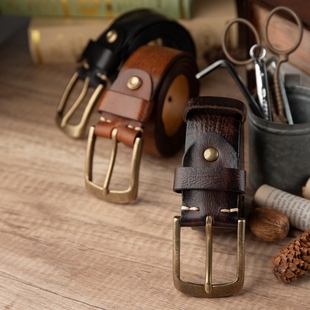休闲复古腰带 时尚 头层牛皮高档阿美咔叽风格 真皮皮带黄铜扣头男士