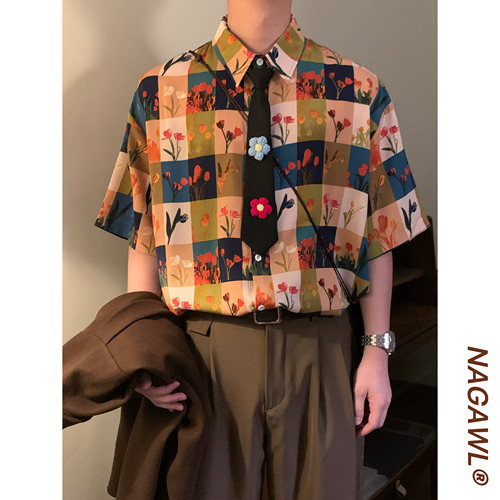 NAGAWL2026日系复古油画格纹衬衫男女宽松慵懒风文艺百搭短袖上衣