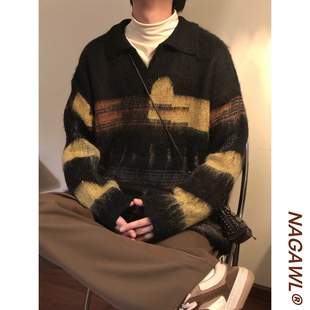 NAGAWL冬季美式复古慵懒风破洞设计感条纹针织衫polo领休闲毛衣男