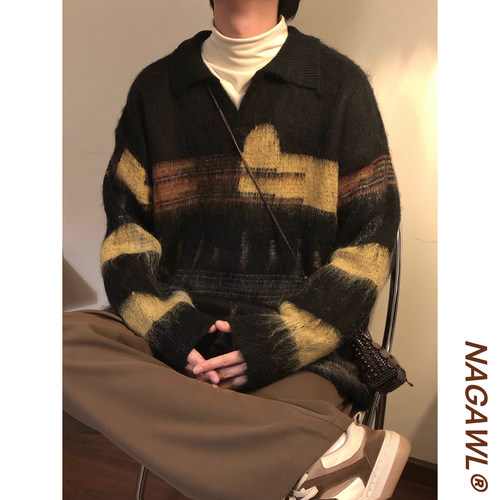 NAGAWL冬季美式复古慵懒风破洞设计感条纹针织衫polo领休闲毛衣男