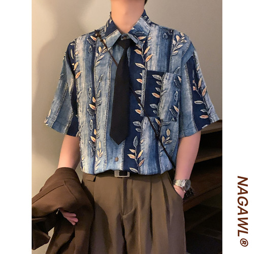 NAGAWL2026夏季美式复古牛仔植物印花衬衫男宽松百搭潮牌短袖上衣