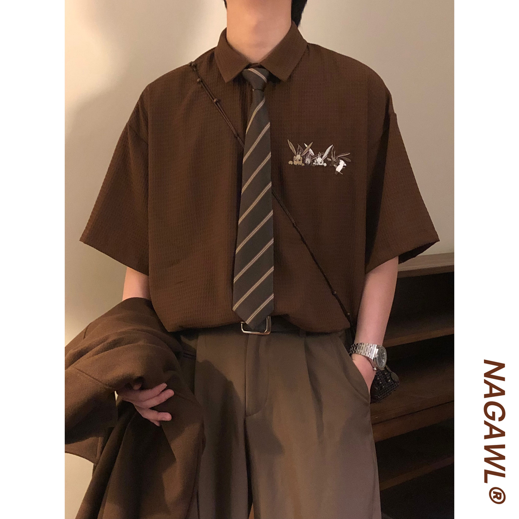 NAGAWL夏季美式潮牌复古趣味兔子刺绣华夫格短袖衬衫休闲上衣男女