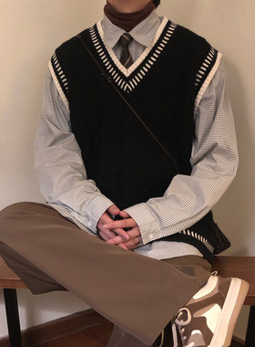NAGAWL秋季复古宽松日系学院风麻花条纹毛衣针织衫马甲背心男女潮