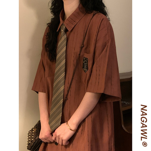 NAGAWL夏季美式复古潮牌宽松学院风徽章条纹休闲短袖衬衫上衣男女