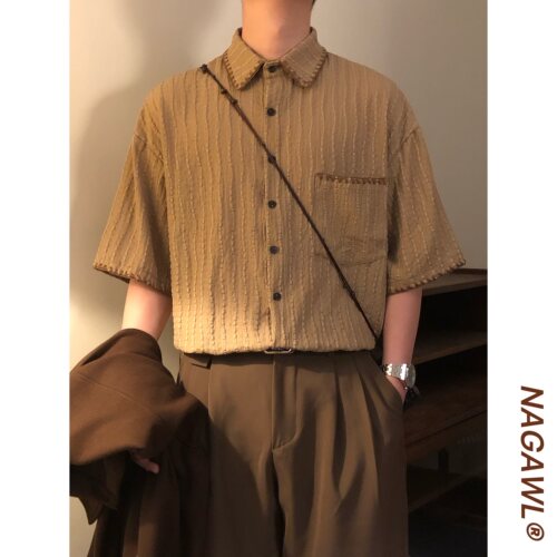 NAGAWL2026夏季美式复古钩边肌理条纹衬衫男女宽松休闲情侣款上衣