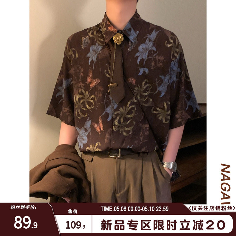 NAGAWL2026夏季美式复古花卉蝴蝶衬衫男女款宽松百搭潮牌短袖上衣