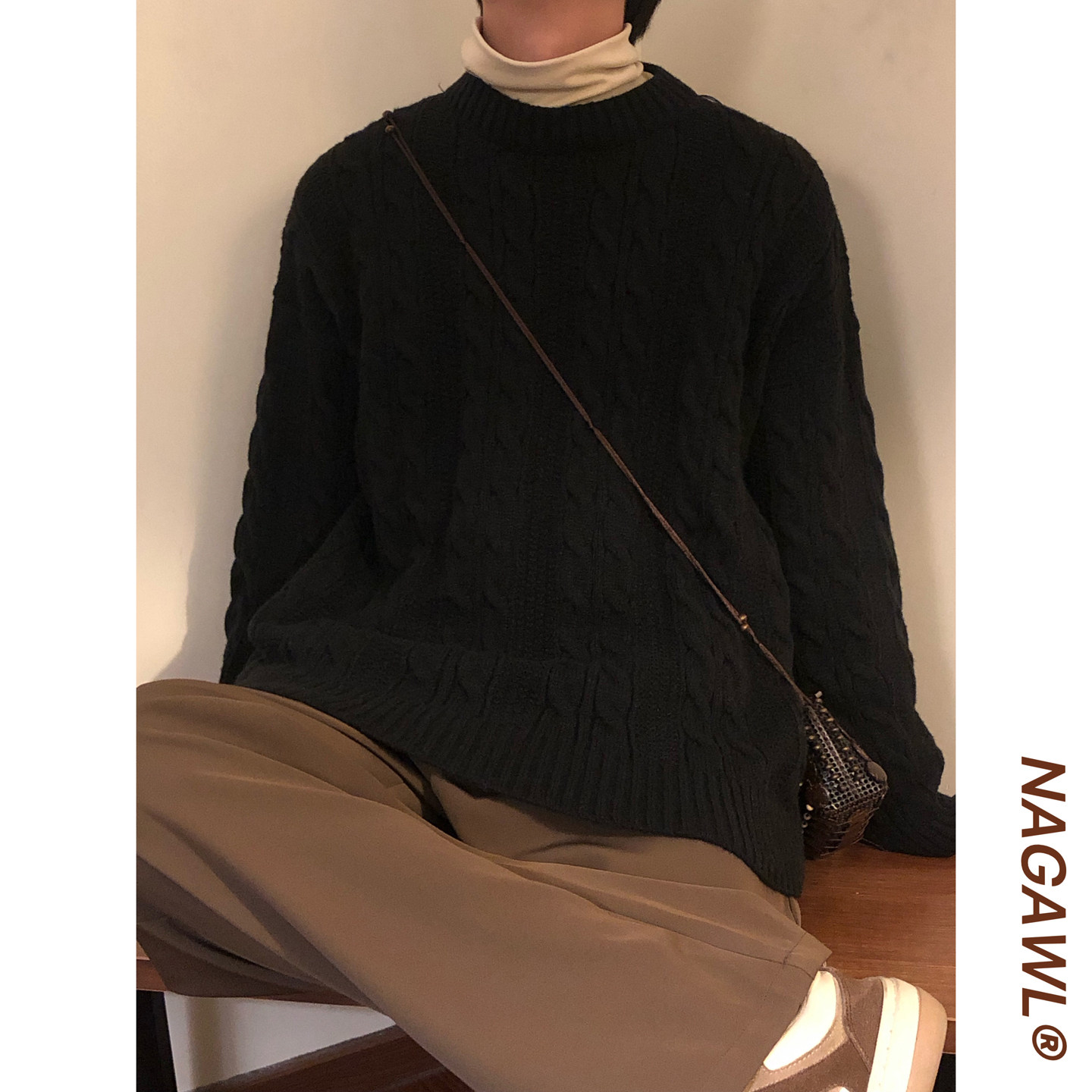 NAGAWL秋冬美式复古简约麻花辫宽松休闲百搭圆领针织衫套头毛衣男,男装,针织衫/毛衣,淘宝优惠券,粉丝福利购,淘宝优惠卷