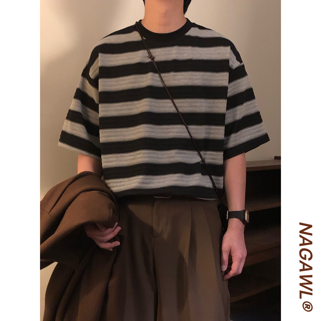 NAGAWL夏季美式复古学院风拼色条纹宽松休闲百搭圆领短袖T恤上衣