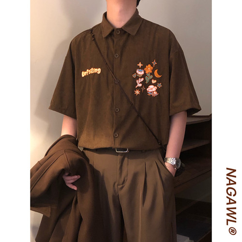 NAGAWL2026夏季美式复古灯芯绒刺绣衬衫男宽松款百搭潮牌短袖上衣
