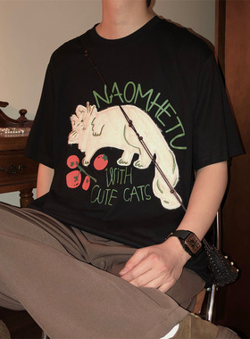 NAGAWL2025夏季新款日系复古街头宽松学院风潮设计短袖T恤上衣男