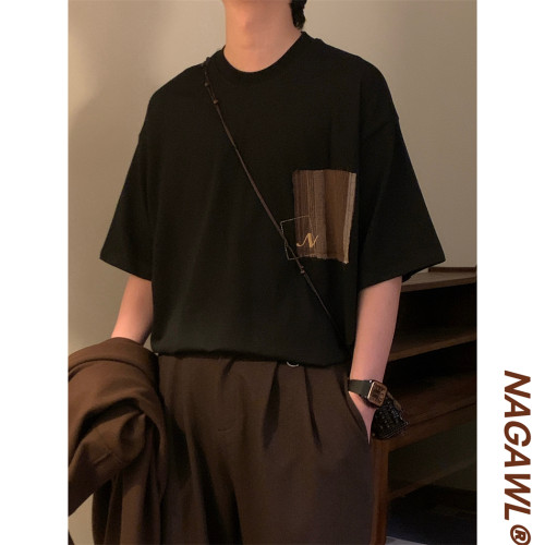 NAGAWL2025夏季新款美式复古贴布绣口袋设计感圆领短袖T恤上衣男