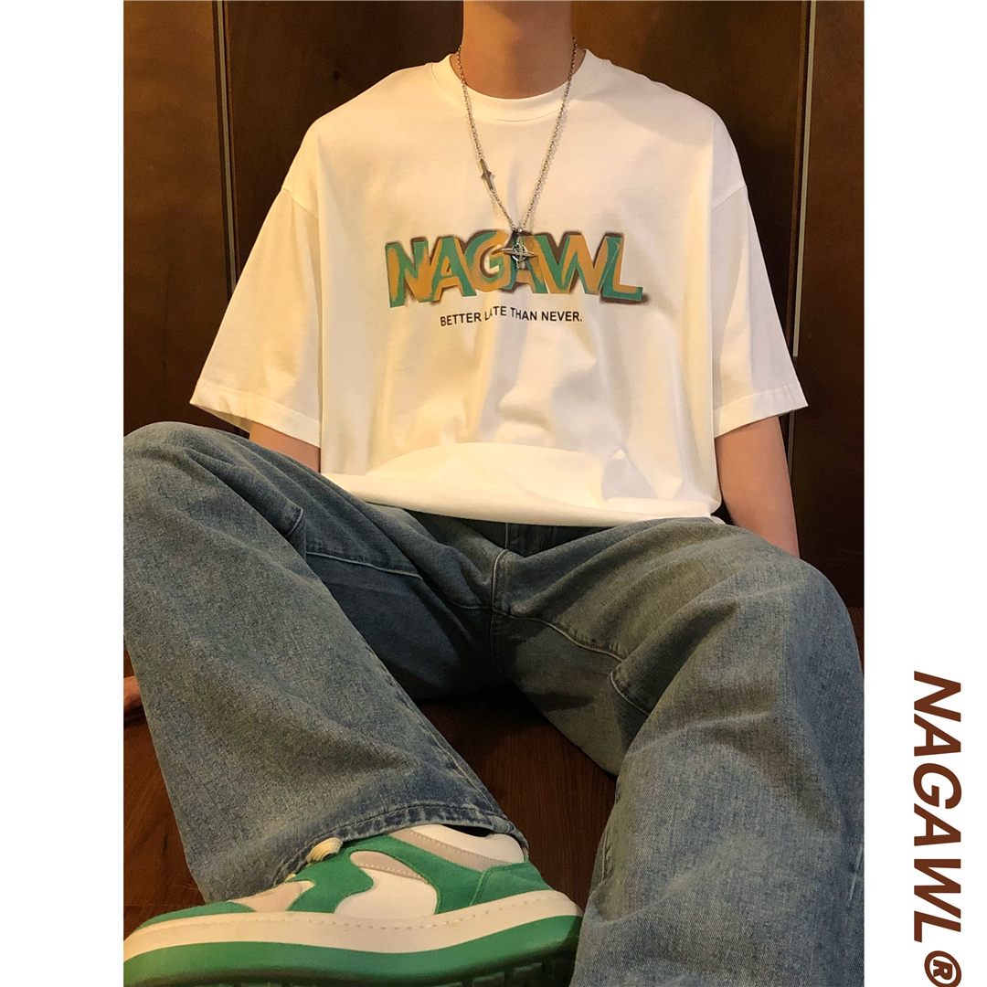 NAGAWL美式复古宽松潮流涂鸦印花短袖t恤男女情侣白色上衣高级感