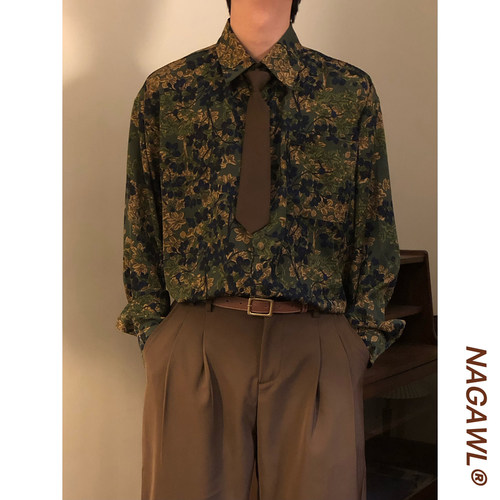 NAGAWL2025春季美式复古宽松潮牌高级感花卉满印长袖衬衫上衣男女