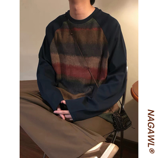 NAGAWL秋季美式复古拼接宽松拼色渐变圆领插肩袖套头长袖卫衣男女