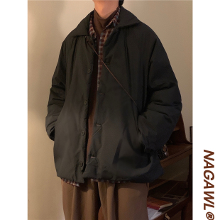 复古潮牌黑色棉服外套男港风简约棉衣 宽松美式 NAGAWL2025冬季 新款