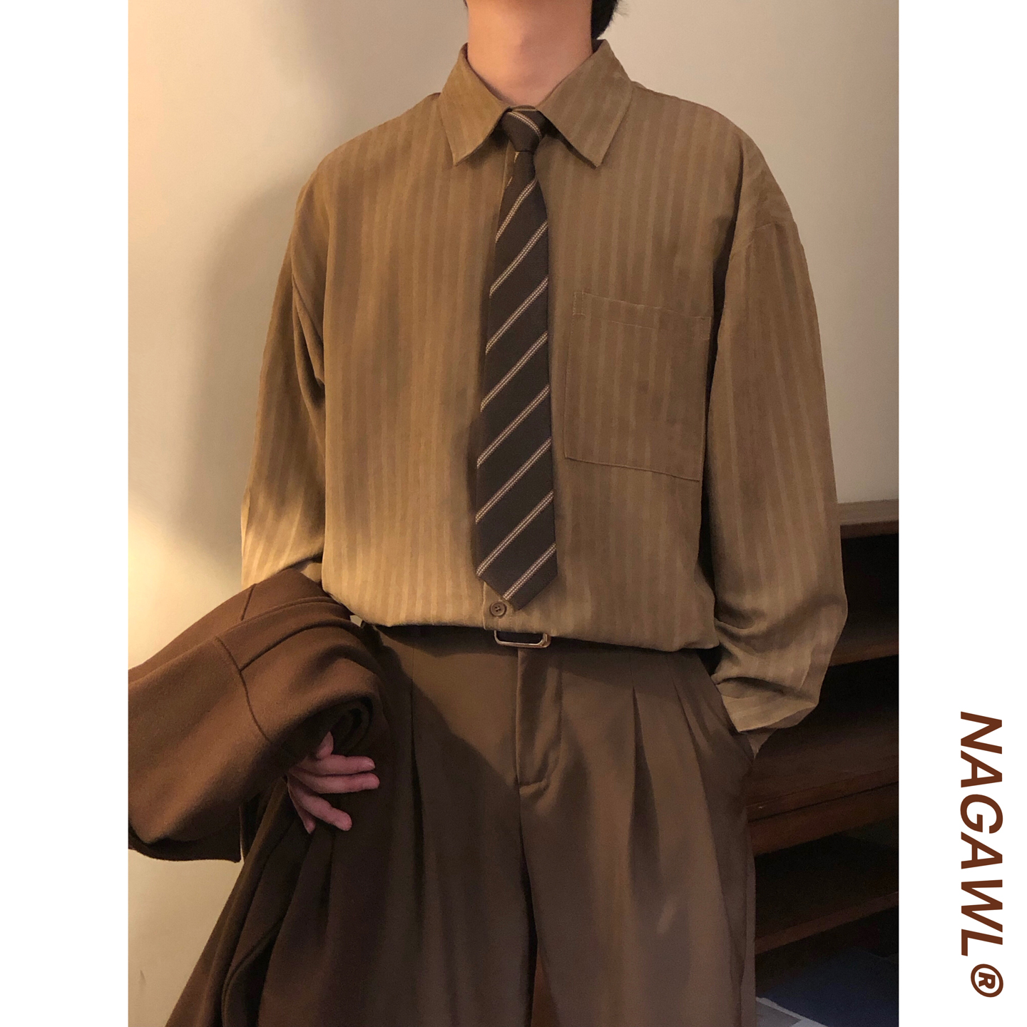 NAGAWL秋季日系复古宽松潮牌简约百搭休闲条纹情侣长袖衬衫上衣男