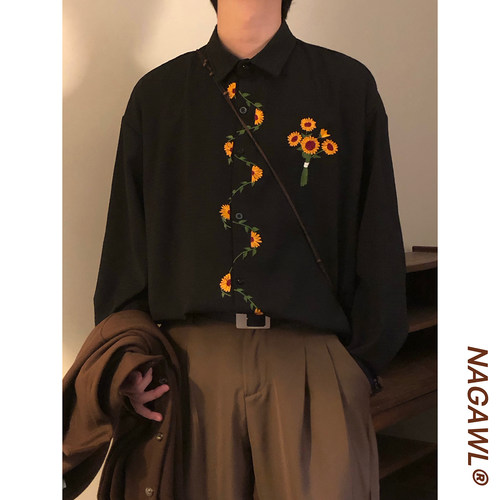 NAGAWL2026春季日系复古向阳花刺绣长袖衬衫男女宽松港风潮流衬衣
