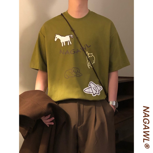 NAGAWL2026 夏季美式复古学院风动物印花T恤男女宽松百搭潮牌上衣
