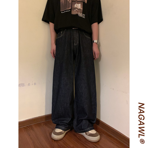 NAGAWL夏季美式复古潮牌街头宽松直简阔腿百搭休闲水洗牛仔长裤男