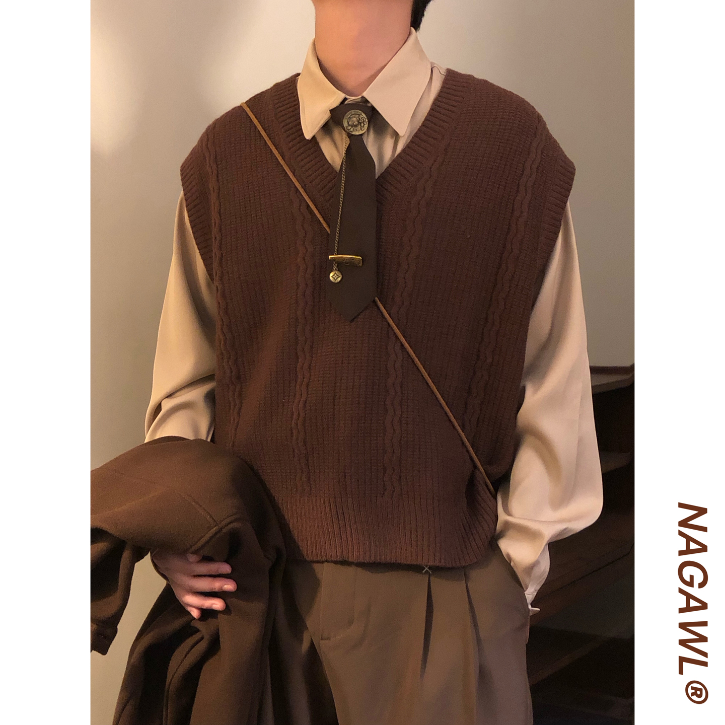 NAGAWL秋冬美式学院风两件套叠穿衬衫无袖针织衫V领马甲背心毛衣