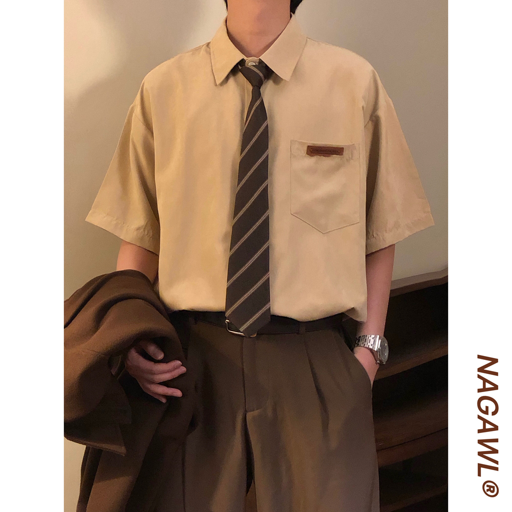 NAGAWL夏季美式复古宽松学院风纯色口袋百搭休闲短袖衬衫上衣男女