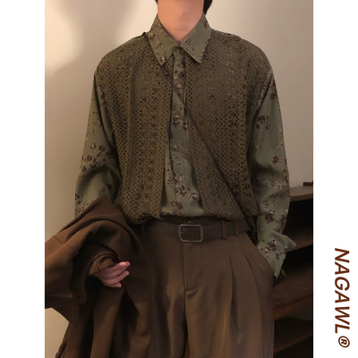 NAGAWL秋季日系复古镂空针织拼接假两件古着感长袖衬衫上衣外套男
