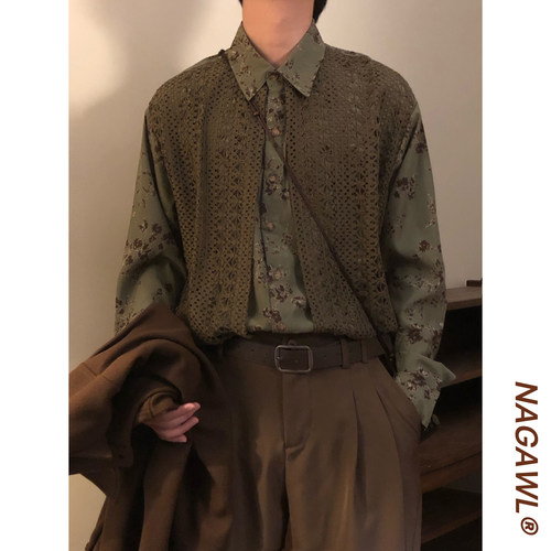 NAGAWL秋季日系复古镂空针织拼接假两件古着感长袖衬衫上衣外套男