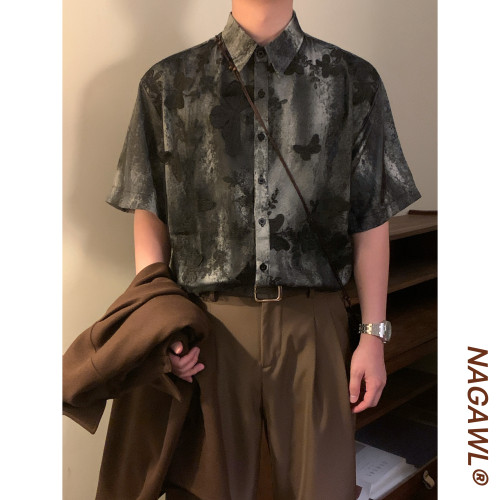 NAGAWL2026夏季美式复古水墨蝴蝶印花衬衫男宽松百搭潮牌短袖上衣