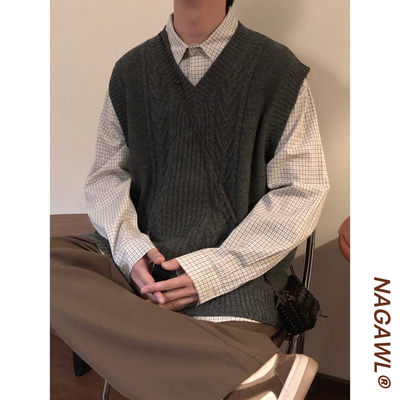 NAGAWL秋冬美式复古学院风休闲纯色V领马甲针织衫叠穿背心毛衣男