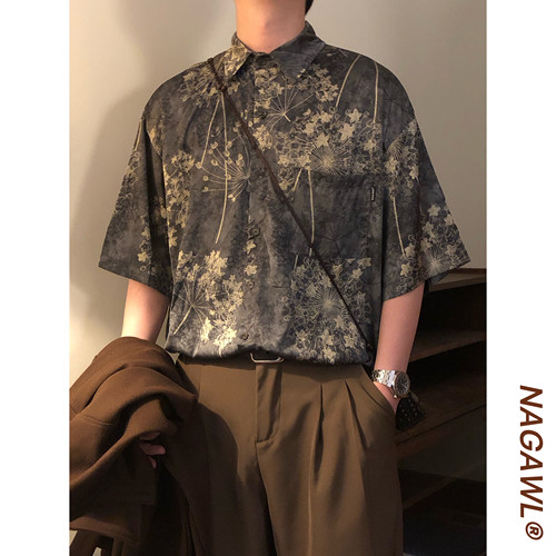 NAGAWL2026夏季美式复古植物印花衬衫男宽松休闲百搭潮牌短袖上衣