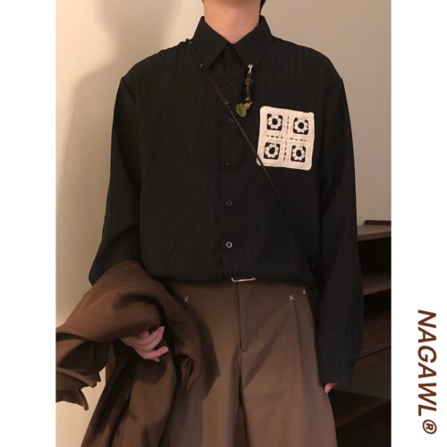 NAGAWL2026秋季小众彩色珠饰门襟蕾丝衬衫男美式复古慵懒宽松上衣
